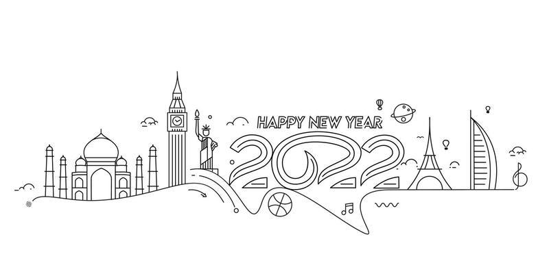 Happy New Year 2022 Text with travel world Design Patter, Vector illustration.