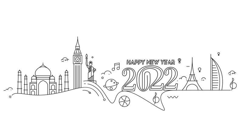 Happy New Year 2022 Text with travel world Design Patter, Vector illustration.