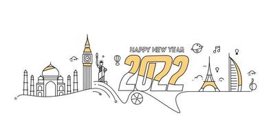 Feliz año nuevo 2022 texto con patrón de diseño de mundo de viajes, ilustración vectorial. vector