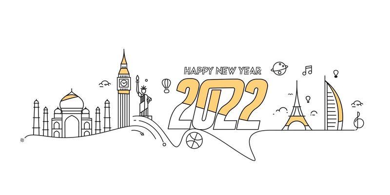 Happy New Year 2022 Text with travel world Design Patter, Vector illustration.