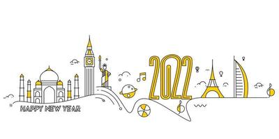 Happy New Year 2022 Text with travel world Design Patter, Vector illustration.