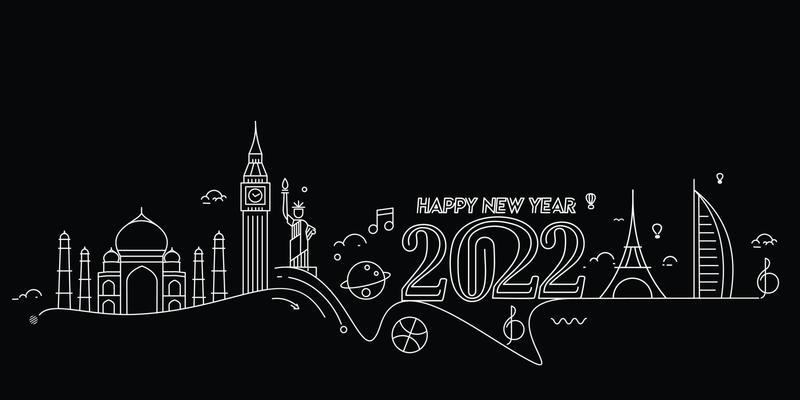 Happy New Year 2022 Text with travel world Design Patter, Vector illustration.