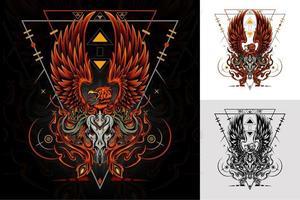 Digital drawing of the phoenix bird in dark art style on sacred geometry background vector