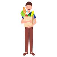 Vector cartoon happy boy holding eco paper grocery bags with fresh healthy food.