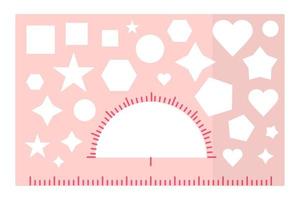 Vector cartoon pink rectangular pattern ruler with protractor and different figures.