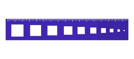 Vector cartoon blue rectangular ruler with squares of different diameters.