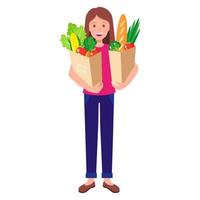 Vector cartoon happy girl holding eco paper grocery bag with fresh healthy food.