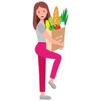 Vector cartoon happy girl holding eco paper grocery bag with fresh healthy organic food.