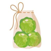 Bolsa ecológica reutilizable de tela transparente para pesar alimentos, verduras y frutas sin usar bolsa plástica con repollo. vector