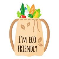 Vector cartoon textile reusable grocery bag with eco quot with healthy organic food.