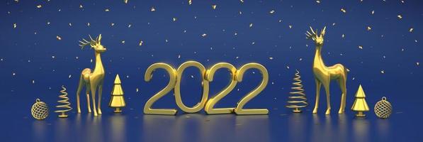 Happy New 2022 Year. Golden metallic numbers 2022 with gold deers, gift boxes, golden metallic pine or fir, cone shape spruce trees, shining balls and confetti on blue background. Vector illustration.