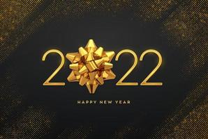 Happy New 2022 Year. Golden metallic luxury numbers 2022 with golden gift bow on shimmering background. Bursting backdrop with glitters. Greeting card, festive poster or holiday banner. Vector. vector