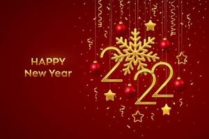 Happy New 2022 Year. Hanging Golden metallic numbers 2022 with shining snowflake and confetti on red background. New Year greeting card or banner template. Holiday decoration. Vector illustration.