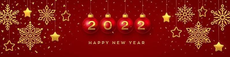 Happy New Year 2022. Hanging Red Christmas bauble balls with realistic golden 3d numbers 2022. Golden snowflakes and 3D metallic stars on red background. Holiday banner, header. Vector Illustration.