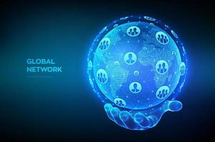 Global network connection. World map point and line composition. Earth globe in wireframe hand. Concept of global business. Blue futuristic internet connection background. Vector Illustration.