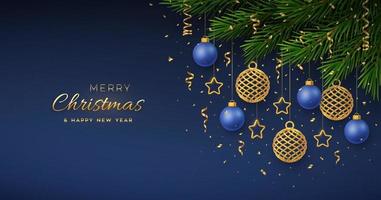 Christmas background with hanging shining golden and blue balls, gold metallic stars, confetti, pine branches. Merry christmas greeting card. Holiday Xmas and New Year poster, cover, banner. Vector.