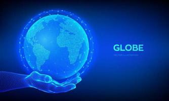 Earth globe illustration. World map point and line composition concept of global network connection. Blue futuristic background with planet Earth in wireframe hand. Vector illustration.