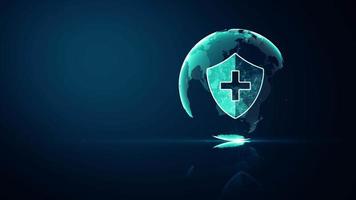 Global Network medical healthcare system protection concept. Futuristic medical health protection shield icon with shining wireframe above multiple on dark blue background. Seamless loop 4k animation. video