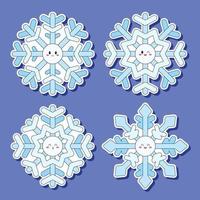 Set of cute snowflake characters in kawaii style. Faces of snowflakes in different emotions. Flat vector with an outline, isolated.