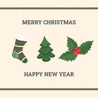 una tarjeta de navidad con un árbol de navidad, un calcetín y una rama de acebo. ilustración vectorial. vector