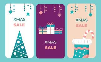 A set of Christmas vertical banners with a flat design and a single color scheme. Vector illustration.