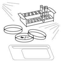 Ilustración de contorno de una placa de Petri y tubos de ensayo, vector