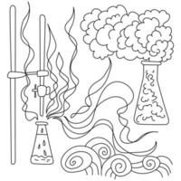 Science coloring page with laboratory instruments and utensils, ornate patterns depicting violent reaction in flasks vector