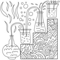 Flasks with violent reaction, antistress science coloring page with zen patterns and laboratory glassware connected by tubes, vector