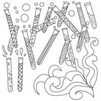 Antistress coloring page on science theme, many test tubes with different patterns and ornate shapes vector