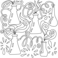 Antistress coloring page science, flasks of various shapes with intertwined tubes, confusion of curls and laboratory designs vector