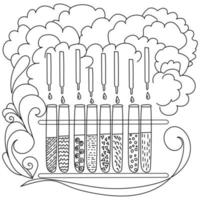 Science coloring page with a row of test tubes and pipettes with drops, curled patterns in the form of a violent reaction vector