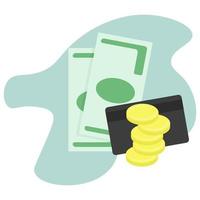 money concept, bills, coins and bank card, financial transactions or savings storage vector