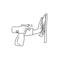 desinfección y limpieza de superficies, representación esquemática de una mano con un trapo y una mano con spray, prevención de enfermedades y limpieza eficaz, vector