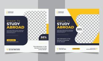 Study abroad social media post, education web banner square flyer template vector