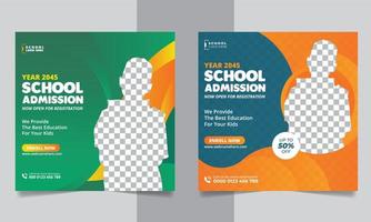 Plantilla de publicación de redes sociales de admisión escolar, conjunto de diseño de banner web de regreso a la escuela vector