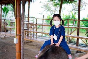 Cute girl wearing white face mask is riding on buffalo back. Learn and experience natural classroom. Child enjoy trying new things. Prevent spread respiratory viruses and small toxic air dust pm2.5. photo