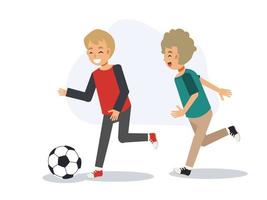 concepto de educación deportiva, los niños pequeños están jugando al fútbol, fútbol juntos. Ilustración de personaje de dibujos animados 2d de vector plano.