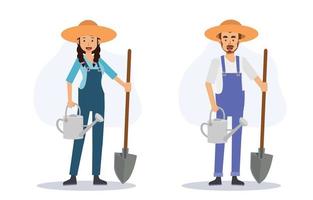 Set of happy smiling farmer with a shovel and watering. Flat vector 2d cartoon character illustration.