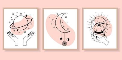 conjunto de carteles de magia mística de alquimia esotérica. talismán celestial con manos de mujer, planeta, luna, estrellas, ojo y bola mágica. vector