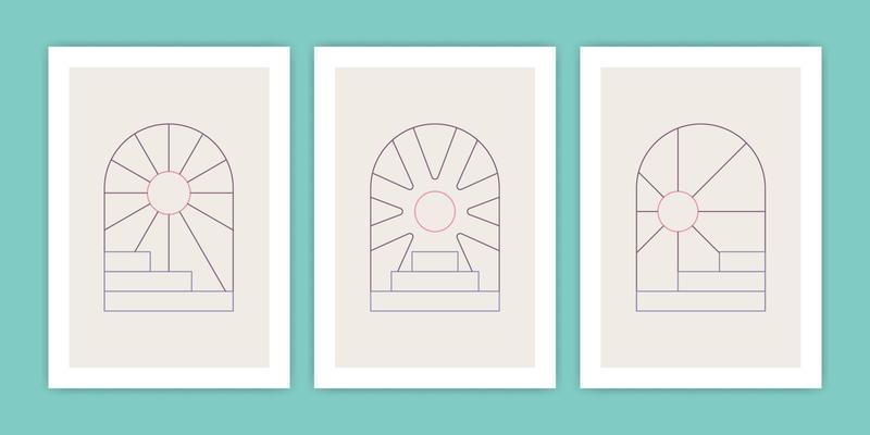 Set of Abstract Boho Geometric Stairs and Sun Poster Illustration