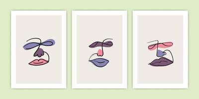 Set of abstract human face line art with colorful shape vector