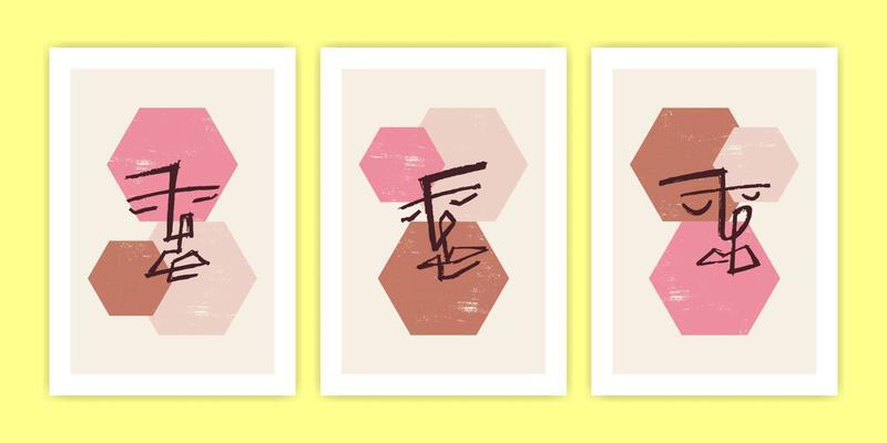 Set of Abstract Face with Beehive Shape Poster Illustration.