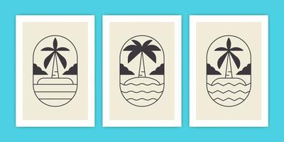 Set of Abstract Palm Tree and Beach or Ocean Poster Illustration vector