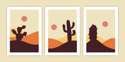 Set of abstract desert landscape with cactus for poster design. vector