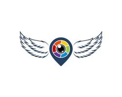 Pin location with lens camera and wings vector