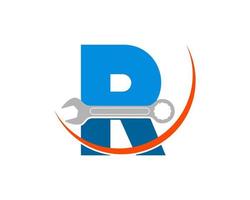 Repair wrench with R letter initial and swoosh vector