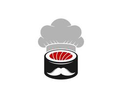 Japanese sushi with chef hat and mustache vector