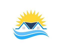 Simple house with beach wave and shinning sun vector