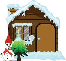 a wooden house with snow and added with fir trees and a beautiful snowman is perfect for New Year's and Christmas greeting cards and also for children's game cards vector