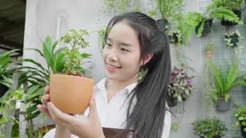 Happy asian women are holding and looking at a small tree small in a flowerpot. Girl are proud of her plants decorating. Gardener working house plant.  Happy and holiday concept